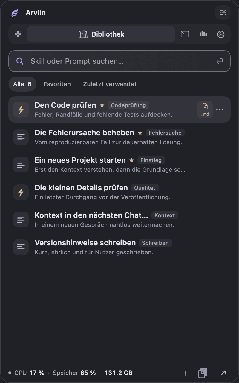 Arvlin-Schnellzugriff im Tab Bibliothek mit Suche und gespeicherten Prompts