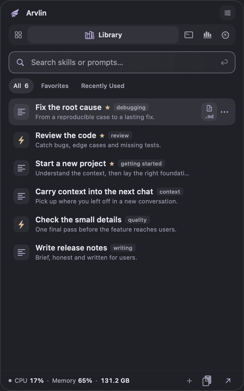 Arvlin Quick Access on the Library tab, with search and saved prompts