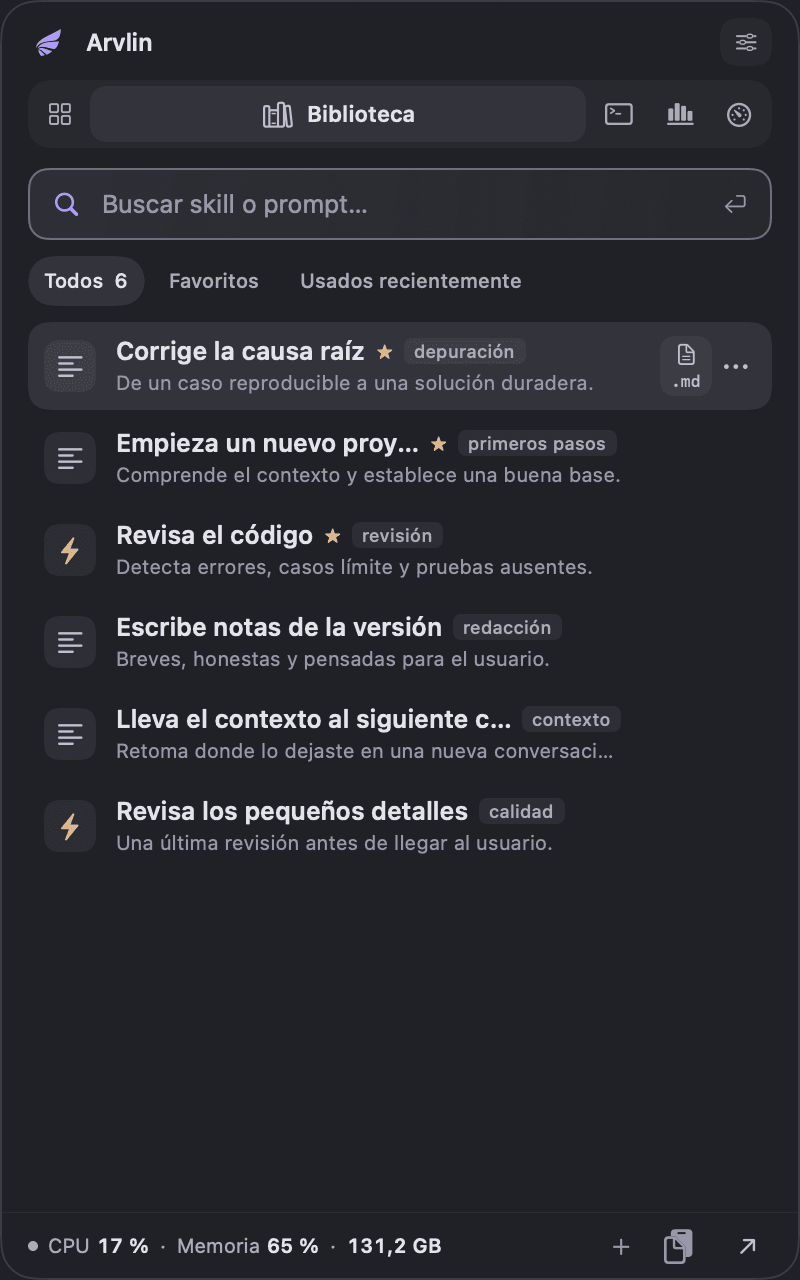 Acceso rápido de Arvlin en la pestaña Biblioteca, con búsqueda y prompts guardados