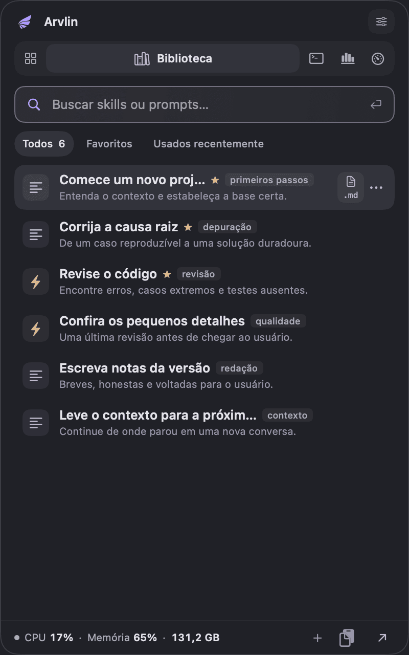 Acesso rápido do Arvlin na aba Biblioteca, com busca e prompts salvos